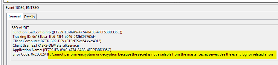 Screenshot of EventLog entry